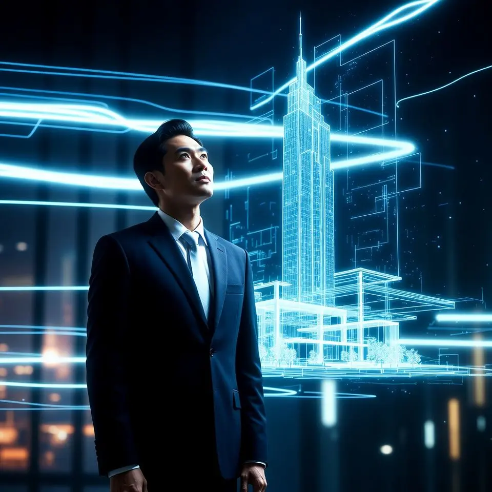 Ilustrasi agen properti menggunakan tablet untuk melihat render properti 3D yang dibuat oleh kecerdasan buatan.